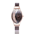 Detail of rose gold oval quartz watch with white crystals and dark brown leather strap - Brown