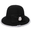 Cappello da sole estivo in maglia nera con fiocco e dettaglio anello dorato - Nero