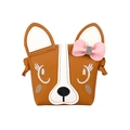 Cute brown and white puppy shoulder bag for kids with pink bow and 3D ears - Brown