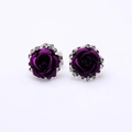 Elegant purple rose stud earrings with white crystal halo on a clean white background - Purple