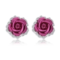 Elegant rose red flower stud earrings with shimmering white crystals and silver base - Rose Red