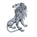 Macro shot of vintage silver lion brooch with textured body and leaf-shaped mane details - Antique Silver