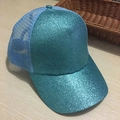 Sky blue sequin ponytail baseball cap with glitter finish and breathable mesh back - Cyan