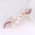 Golden leaf hair clip with white pearls and purple rhinestones on a white background - Large 5 Pearls Purple