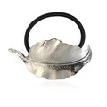 Silver leaf hair tie with detailed vein texture and black elastic band for women - Silver