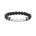 Beaded stretch bracelet featuring black lava rock, white turquoise, and metal accents - Black Lava Stone with White Turquoise