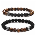 Elastic beaded bracelet with tiger eye stones and black lava rock beads for men - Tiger Eye Beaded Bracelet Mix