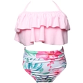 Mädchen Bikini-Set mit rosa Rüschen-Halterneck und floraler High-Waist-Hose - 104 / Rosa Top Blumenmuster Unten