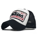 Retro black and white mesh trucker hat with distressed embroidery and curved brim - Adjustable / Black/White