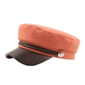 Coral orange navy captain hat with dark brown leather brim and braided cord accent - Orange