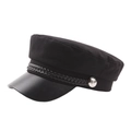Casquette de marin noire avec visière en cuir et boutons argentés style rétro chic - Noir
