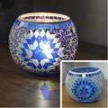 Blue mosaic glass candle holder with geometric pattern and warm light effect for wedding - Blue Flowers Large