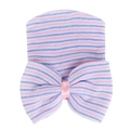 Bonnet en tricot rayé rose et bleu pour bébé avec un grand nœud en satin rose - Rayures Tricolores