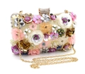Dettaglio borsa da sera con fiori 3D, paillettes e tracolla a catena dorata - Beige