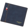 Men's short bifold wallet in dark blue frosted leather with yellow stitching - Regular Fit / Navy Blue