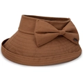 Dark brown wide brim sun visor hat with a large decorative bow and metal logo plate - Tan