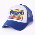 Detail of vintage blue mesh trucker hat featuring distressed brim and yellow Western embroidery - Adjustable (54-62cm) / Blue