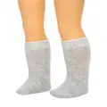Medium-length knitted gray doll socks displayed on model feet for 18-inch dolls - Grey