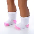 White and pink doll socks for 18-inch American Girl dolls shown on doll feet - White Pink Splicing