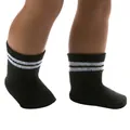 Detail of 18 inch doll black knit socks with white stripes shown on doll legs - Black White Striped