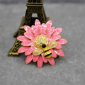 Elegant pink enamel flower brooch with a tiny bee detail on a gold metal base - Pink