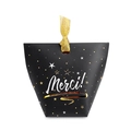 Elegant black candy gift box with gold stars and Merci text featuring a glittery gold ribbon - Black Merci with Gold Ribbon