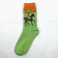Artistic oil painting socks with horse racing pattern in grass green and orange rib - Jockey Rider Green