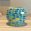 Blue and green fish-shaped mosaic glass candle holder in a round bowl design - Large Deep Sea Fish