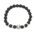 Detailed macro shot of black volcanic stone beads with a silver lion head charm for men - Silver Lion Head Black Lava Stone