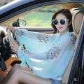 Light green chiffon sun protection shawl with floral embroidery and ruffle sleeves - 60*160CM / Peach Blossom Style Light Green