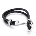 Pulsera de cuero negro trenzado para hombre con cierre de ancla de metal plateado - Color Acero