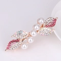 Golden hair clip with white pearls and pink rhinestones in elegant branch design - Large 5 Pearls Pink
