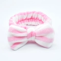 Soft coral fleece pink and white striped headband with a decorative bow for face washing - Pink White Stripes