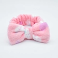 Pink coral fleece headband with blue abstract prints and a large soft plush bow - Bud Pink Strawberry