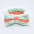 Pink and mint green striped coral fleece headband with large bow detail for face washing - Green Orange White Striped