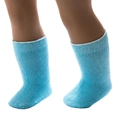 Light blue knit ribbed socks for 18 inch dolls shown on doll legs in a studio view - Blue