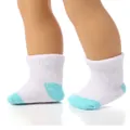White and light blue knitted ankle socks for 18-inch girl doll displayed on a model - White Blue Splicing