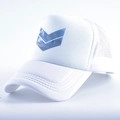 Side view of white mesh trucker hat with blue surfer graphic and breathable side panels - M (56-59cm) / White