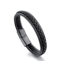 Bracciale in pelle nera intrecciata con cuciture bianche e chiusura magnetica in acciaio - Clip Nera