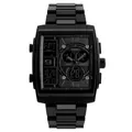 Men's rugged multi-function digital watch with black matte finish and steel link band - Black