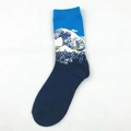 Deep blue crew socks featuring Great Wave off Kanagawa oil painting art jacquard pattern - The Great Wave