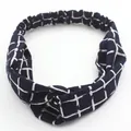 Elastic navy blue cross knot headband with white hand-drawn grid pattern for women - Dark Blue Grid