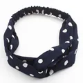 Elastic cross headband with navy blue and white polka dot floral fabric design - Dark Blue Polka Dots