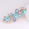 Golden bow hair clip featuring light blue flowers and sparkling rhinestone accents - Large 3 Flowers Blue