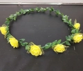 Floral wreath headpiece featuring six yellow foam roses with green plastic foliage - Yellow