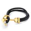 Pulsera de cuero trenzado negro con cierre de ancla dorada elegante de estilo náutico - Dorado