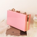 Pink acrylic rectangular clutch bag with gold metal frame and clasp on decorative feathers - Pink