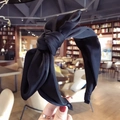 Solid black fabric wide headband featuring a large bow in a trendy Korean sweet style - Black