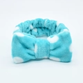 Detail of soft blue flannel headband with white polka dots and a cute bow design - Green White Polka Dot