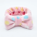 Soft pink coral fleece headband with colorful polka dots and a large decorative bow - Colorful Polka Dots